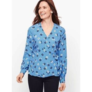 Talbots Womens Blue Poet Sleeve Floral V-Neck Dot Wrap Blouse Top Size PL